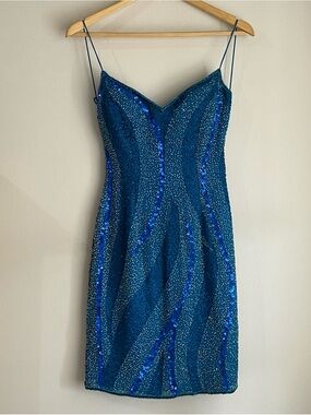 VTG Rare Scala Silk Dress 90s Y2K Beaded Blue Low Back Prom Bodycon Glam Formal
